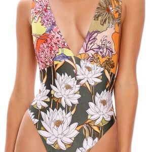 Agua Bendita Multicolor Floral Deep-V One-Piece Swimsuit